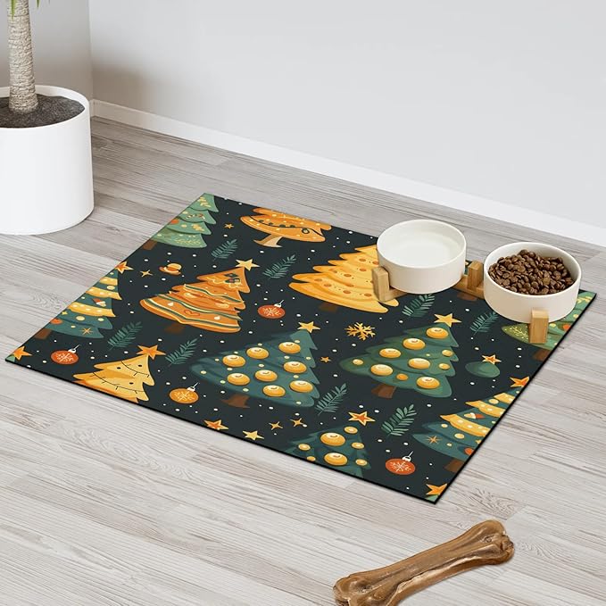 Christmas Trees Dog Food Mat for Floors Absorbent, Quick Dry Water Dispenser Mat for Food, Water, Pet Supplies 12" x 20", Xmas Tree