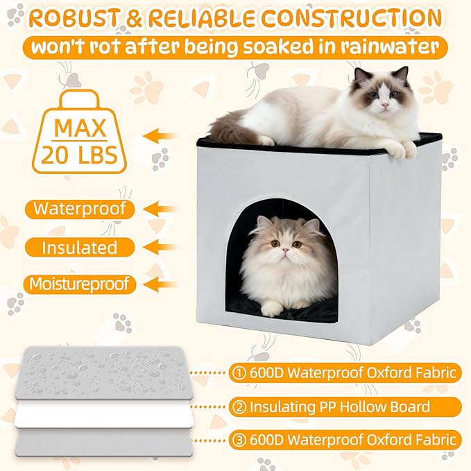 Heated Cat House, Heating Cat Houses for Indoor Outdoor Kitty with Heating Pad, Foldable Heated Kitty House Cat Shelter for Your Pet to Stay Warm and Cozy