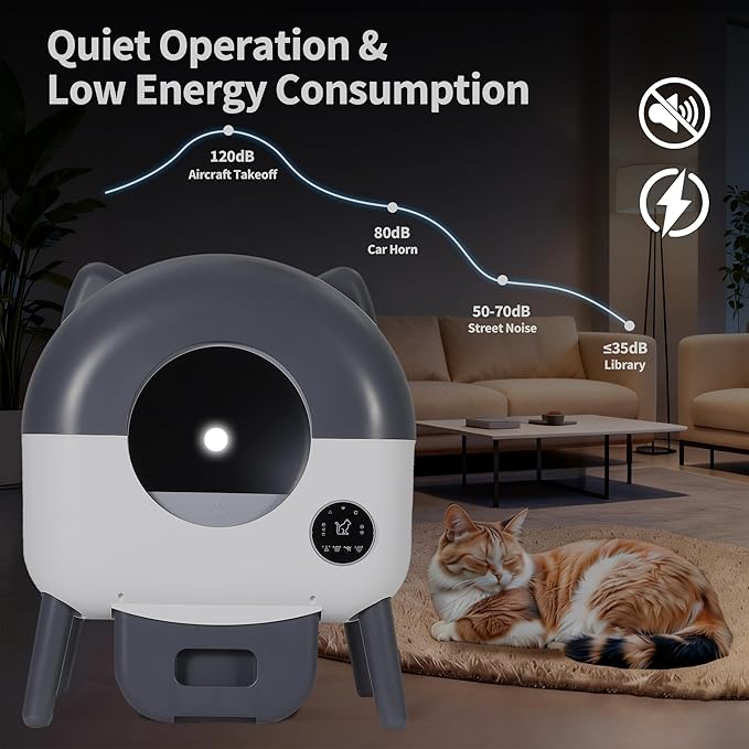 Self-Cleaning Cat Litter Box with Large Capacity and Automatic Cleaning, Smart Cat Litter Box with App Control, Automatic Litter Box Triple Safety Protection, 1 Rolls Garbage Bags, Dark Gray