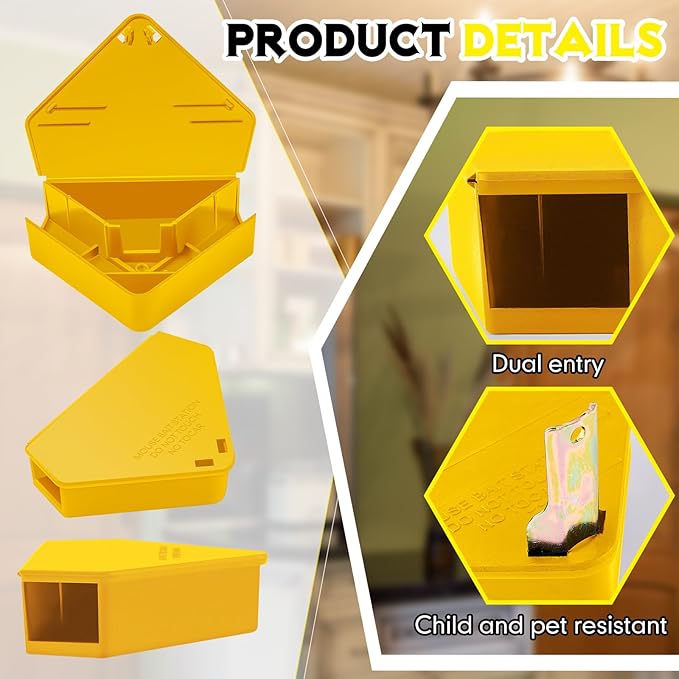 Qualirey Mice Station with Key Triangle Mouse Station Reusable Rodent Trap Box, Keeps Children and Pets Safe Indoor & Outdoor Suitable for Small Mice(Yellow,36 Pcs)