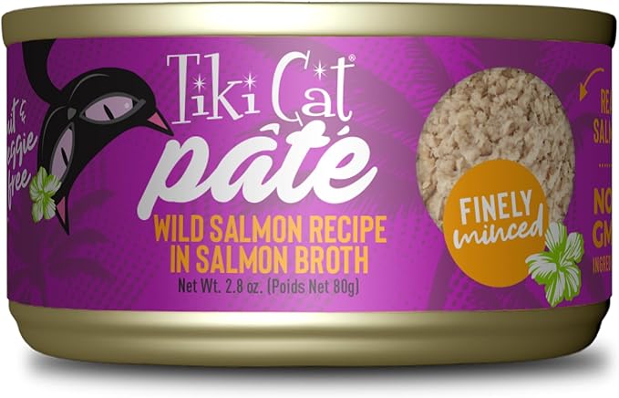 Tiki Cat Luau Pâté, Wild Salmon Recipe in Salmon Broth, Grain-Free Balanced Nutrition Wet Canned Cat Food, for All Life Stages, 2.8 oz. Cans (Pack of 12)