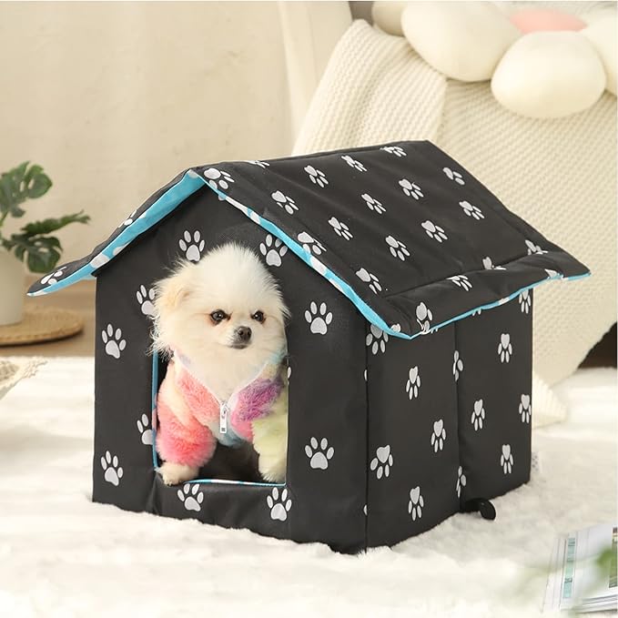 Outdoor Cat House, Cat Houses for Outdoor Cats, Weatherproof Warm and Insulated Cat House with Transparent Curtain Pet House, Stray Cats Shelter (Black, Medium-Houses)