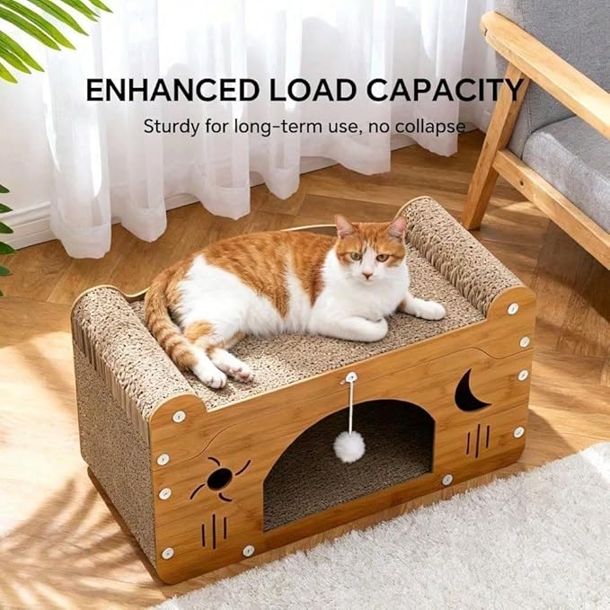 Multi-Function Cat Scratcher House Box,3-in-1 Scratch Pad and Soft Bed & Play Cave with Toys, Durable Build & Ideal for Cats/Kitty (Yellow,FX-SFXY)