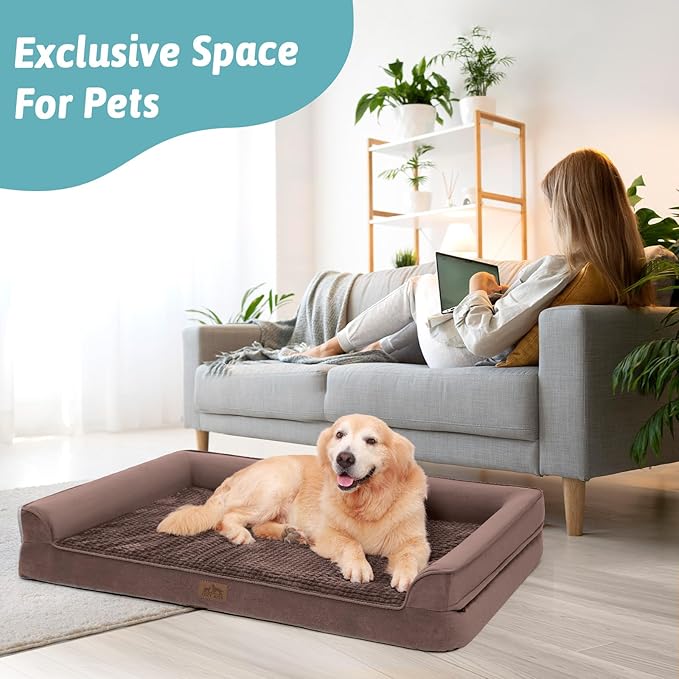 Orthopedic Large Dog Beds, Bolster Pet Couch with Waterproof Lining, Egg Crate Foam Sofa for Pets Up to 65 lbs, U-Shaped, 36x27x7.5 inch, Brown
