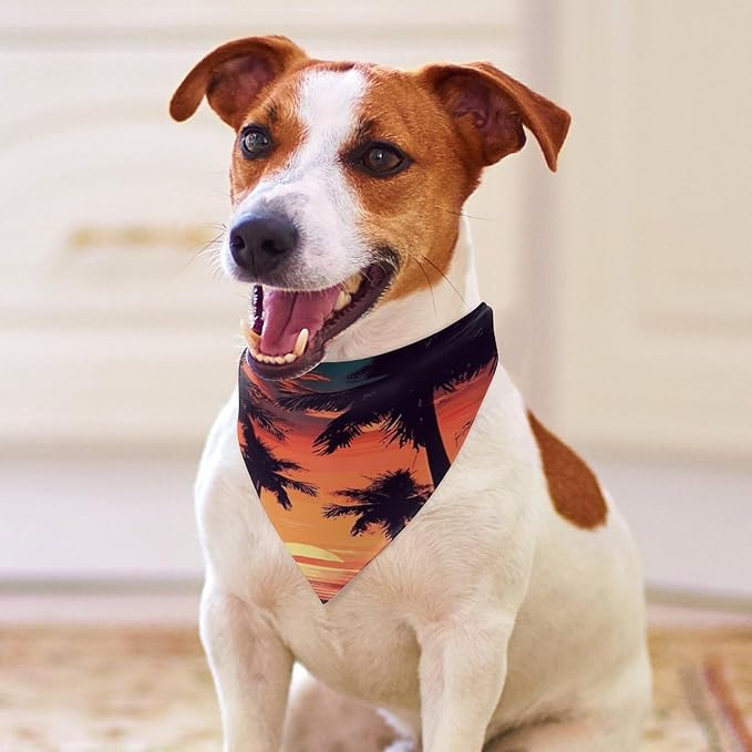 Dog Bandana Spring Pet Scarf Adjustable Triangle Palm Tree Summer Sunset Printing Dog Bib Washable Polyester Puppy Bandana for Small Medium Large Dogs Cat Birthday Party Supplies