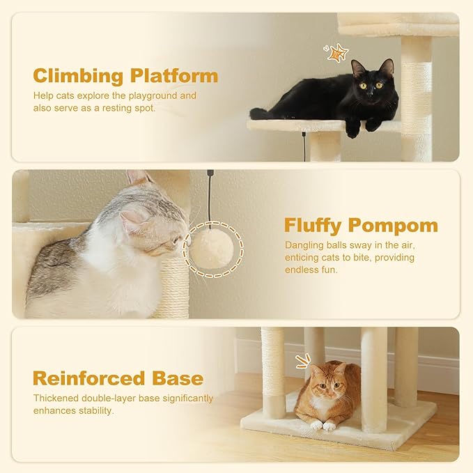 Cat Tree for Indoor Cats, 62" Multi-Level Cat Tower with 2 Spacious Condos, Scratching Pad, 4 Cat Scratching Posts, 2 Top Perches, 2 Pompoms, Beige