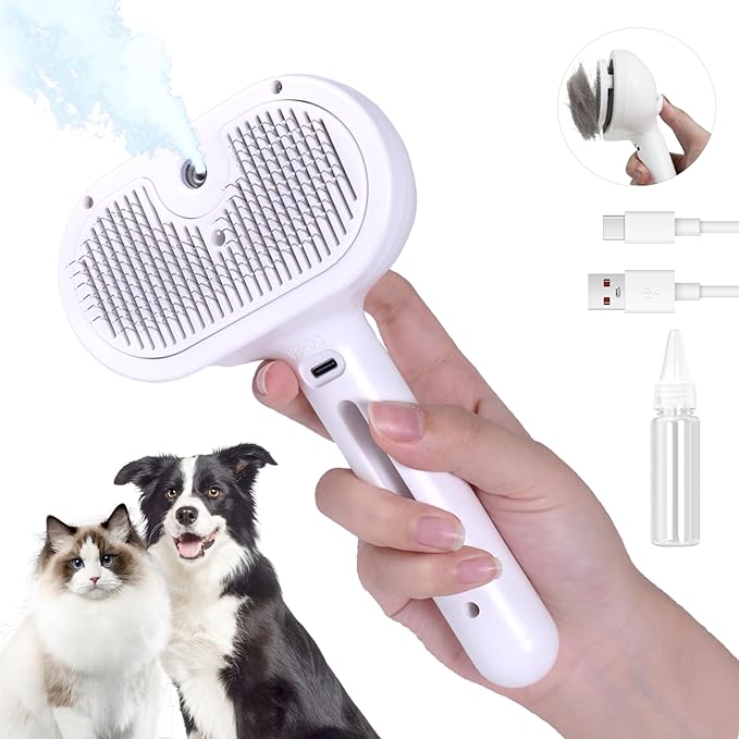 Spray Cat Brush for Shedding,Pet Grooming Brush/Self-Cleaning Wet Cat Comb with USB Rechargeable & Water Tank,Suitable for Dogs,Cats to Reduces Flying Hair,Remove Tangled & Loose Hair(White)