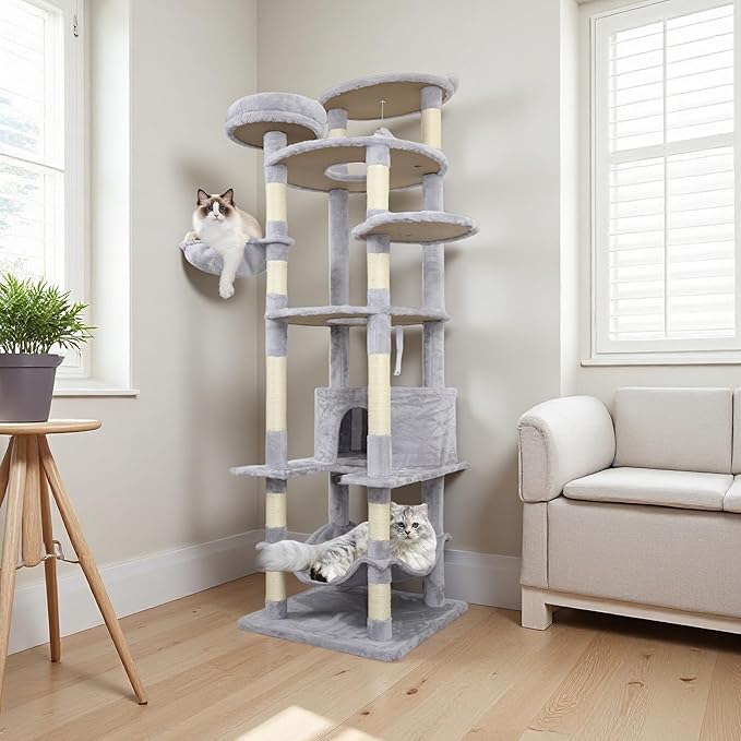 78.8 Inches Cat Tower for Indoor Cats, Cute Cat Tree with Cozy Condo, Platform, Hammock, Sisal Scratch Board and Interactive Toy (Light Gray)