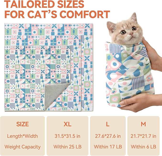 BFNN Cat Grooming Wrap for Cutting Nails, 31.5" Anti-Escape Calming Cat Swaddle Wrap for Medicine, Nail Clipping, Teeth Brushing, Ear Cleaning, Self-Adherent Burrito Restraint, (Geometric Fish, XL)