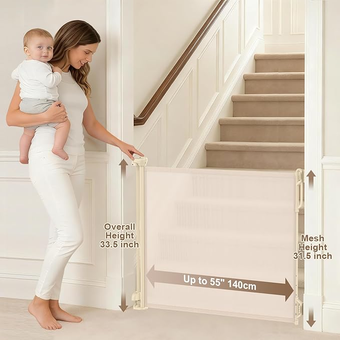 Retractable Safety Baby Gate or Mesh Dog Gate,Durable Portable Mesh Retractable Gate,Easy to Use for Stairs, Doorways, Hallways, Indoor, Outdoor, 33.5" Tall, Up to 55" Wide, Cream