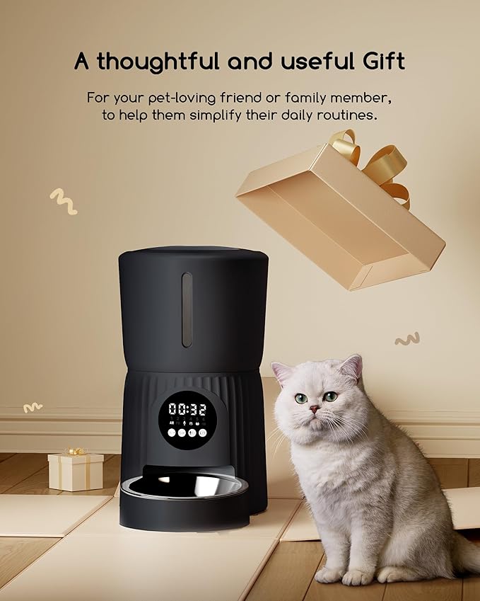 Faroro Automatic Cat Feeder, 4L Cat Food Dispenser with Portion Control, 1-6 Meals Per Day, 10s Voice Recording, Slow Feed, Dual Power Supply for Cats and Small Dogs (Black)