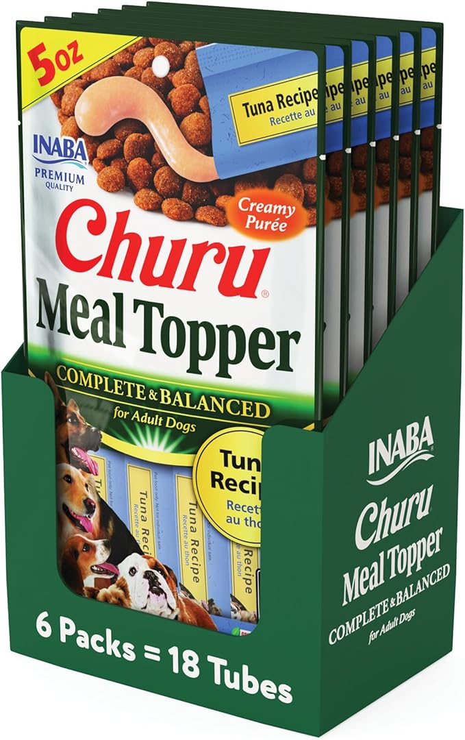 INABA Churu Meal Topper for Dogs, Complete & Balanced, Creamy, Lickable Purée Dog Food Toppers, 1.69 Ounce Tube, 18 Tubes (3 per Pack), Tuna Recipe