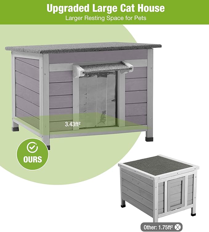 GUTINNEEN Insulated Cat House Outdoor Weatherproof, Wooden Cat Shelter with 0.78" Thick Insulated Liner, Asphalt Roof, Elevated Base, Kitty House for Winter