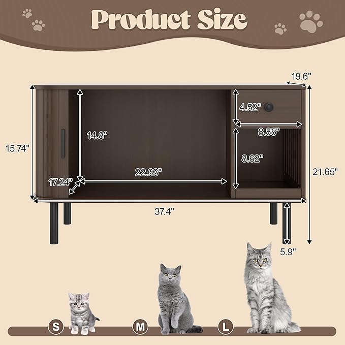 37.4" Cat Litter Box Enclosure with Sliding Door Hidden Cat Litter Box Enclosure and End Table with Drawer Charging Station Modern Accent Cabinet Indoor Kitty House for Living Room Bedroom Brown