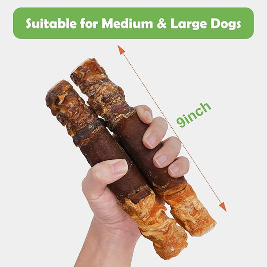 MON2SUN Dog Treats Triple Flavor 9 Inch Chicken Liver Duck and Chicken Wrapped Rawhide Rolls, Teeth Cleaning and Long Lasting Chews for Medium and Large Dogs, 11.1 oz(2 Count)