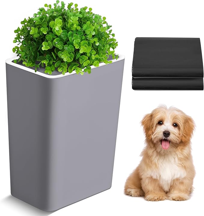 Dog Poop Trash Can Outside 3.96 Gal/15 L Plant Styled Dog Waste Trash Can with Lid 50 Pcs Plastic Waste Bags Outdoor Indoor Poop Container Slim Garbage Bin for Yard Garden Pet (Gray)