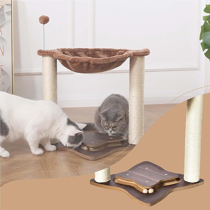 FluffyDream Cat Scratching Post for Indoor Cats, Small Cat Tree Tower with Hammock,Wooden Interactive Ball Track for Kitten and Adult Cats,18inches (Brown)