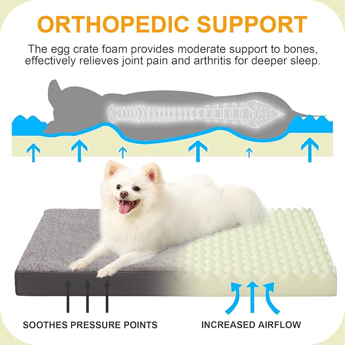 KSIIA Orthopedic Dog Bed Waterproof Dog Crate Bed for Medium Dogs Deluxe Plush Washable with Egg Crate Foam & Removable Cover, 29 x 18 Inch, Dark Gray