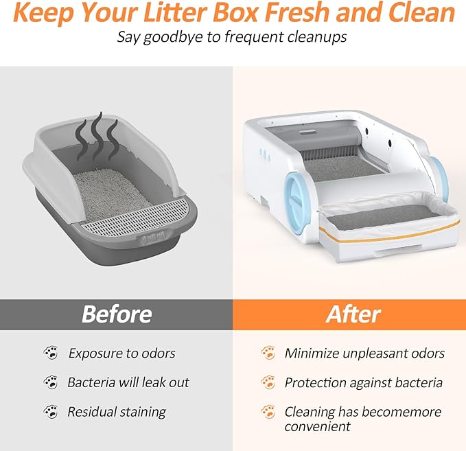 Cat Litter Box Liners, 45 Count Drawstring Litter Waste Receptacles Bags, Tear-Resistant, Leak-Proof, Easy Disposal Cat Poop Bags for Automatic Litter Box, Strengthen Unscented