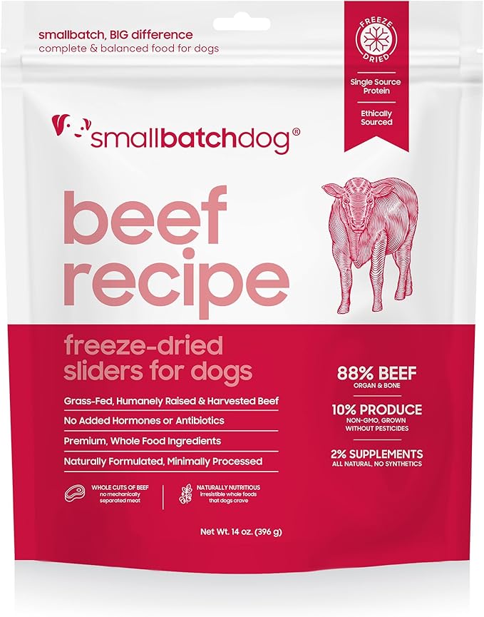 smallbatch Pets Freeze Dried Raw Dog Food, Beef Recipe, 14 oz, Organic High Protein Dog Food, Grain Free, Made in The USA, Humanely Raised Meat, Single Protein, for Picky Eaters, Hydrate & Serve