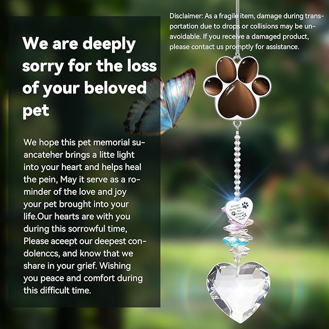 Pet Memorial Suncatcher - Dog Memorial Gifts, Pet Loss Sympathy, Thoughtful Dogs and Cats Condolence Bereavement Remembrance Gifts, Chrysoberyl Cat's Eye Stone Paw Crystal Suncatcher