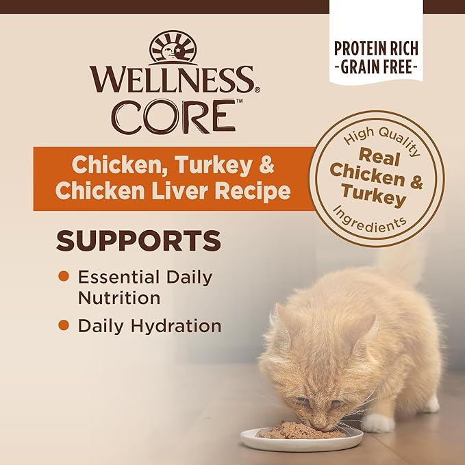 Wellness CORE Pate Adult Wet Cat Food, Natural, Protein-Rich, Grain Free, 5.5 Ounce, 24 Pack (Chicken, Turkey & Chicken Liver)
