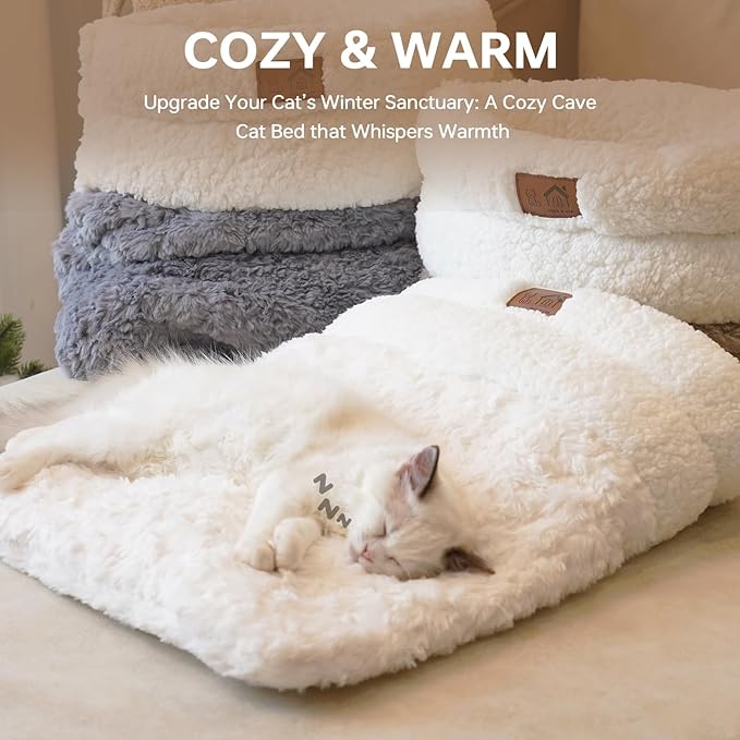 Cat Sleeping Bag 4 in 1 Cute Self Warming Cat Bed Cave with Plush Portable Snuggle Sack/Hideway for Indoor Cats & Small Pets White 21×17 Inch