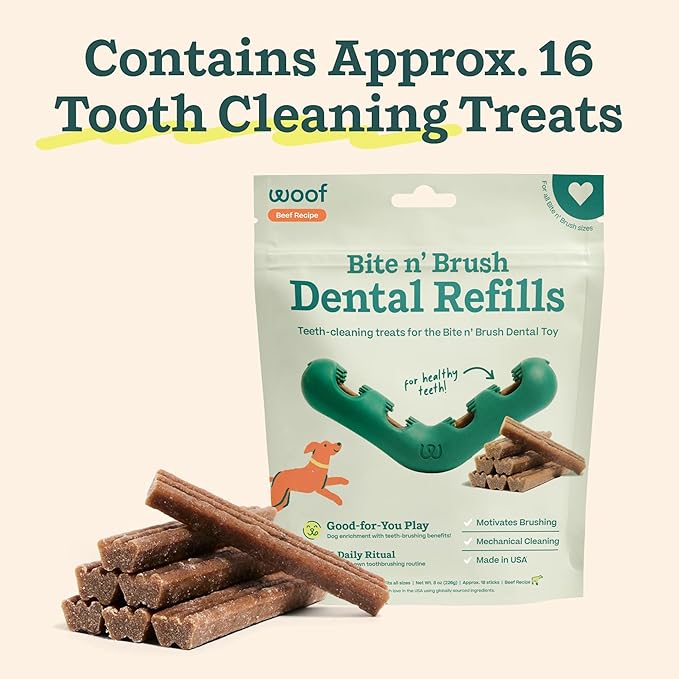 WOOF - Bite n' Brush Refills for The Dog Toothbrush Toy - Dog Breath Freshener Dental Chew Stick - Dog Dental Chew Toy Treats - Approximately 16 Refills - Beef