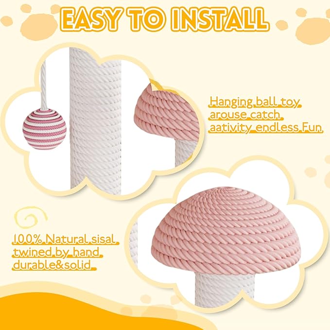 Cat Scratching Post,Mushroom Forest Cat Scratcher with Natural Sisal&Hanging Toy Ball-Durable Kitten Supplies & Adult Cat Furniture Protector(11.80"×11.80"×17.32")