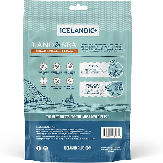 Icelandic+ Land & Sea Wild Caught Cod Skin & Freeze-Dried Turkey - 2.4oz Bag, Dog Treat & Food Topper, 2 Ingredients, No Preservatives, All Natural (Pack of 2)