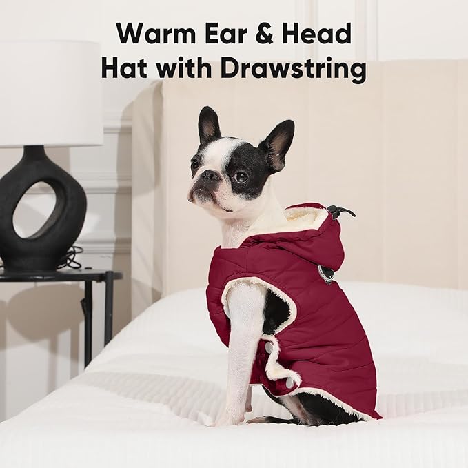 Fleece Lining Dog Hoodie with Harness Built in,Extra Warm Small Dog Jacket in Winter Puppy Coats with Drawstring Hooded,Red XS