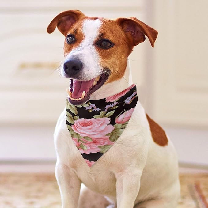 Dog Bandana Spring Pet Scarf Adjustable Triangle Pink Rose Printing Dog Bib Washable Polyester Puppy Bandana for Small Medium Large Dogs Cat Birthday Party Supplies