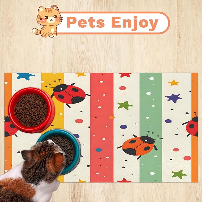 Red Ladybird Dog Food Mat for Floors Absorbent, Quick Dry Water Dispenser Mat for Food, Water, Pet Supplies 16" x 24", Colorful Lines