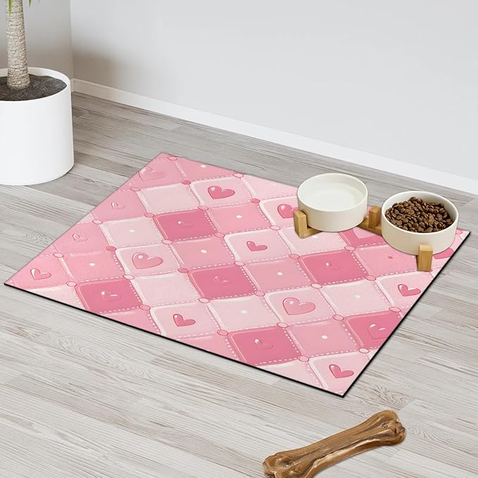 Love Heart Dog Food Mat for Floors Absorbent, Quick Dry Water Dispenser Mat for Food, Water, Pet Supplies 16" x 24", Ringge Plaid