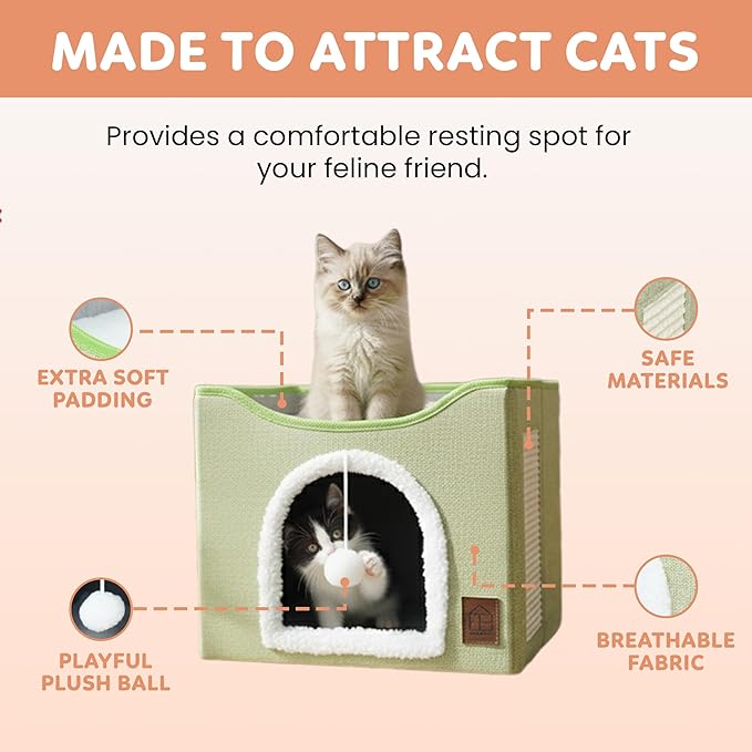 EverBrightly Cat Condo Bed | Foldable Pet Cave with Scratcher Pad, Reversible Cushion & Hanging Toy Ball | Indoor Hideaway, Lounge Perch & Playhouse, Durable Linen with Cozy Sherpa
