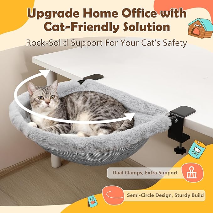 X-Large Cat Desk Bed | 19"x15" Spacious Retreat, Dual Clamps & Sunken Hammock Design, Comfy Cat Desk Hammock with Faux Rabbit Fur Cover, Removable & Washable, Holds Up to 40lbs