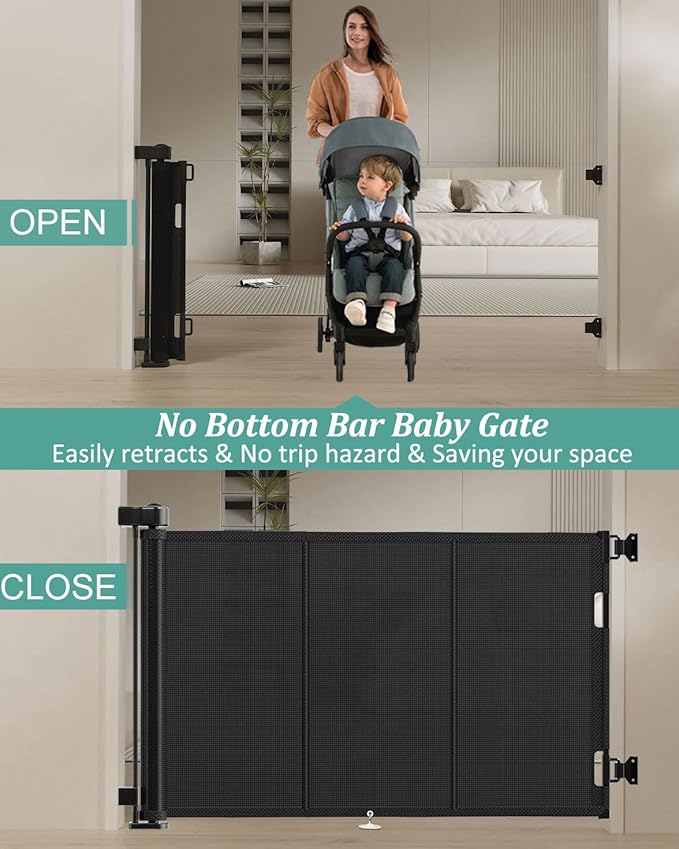 71 inch Retractable Baby Gates 42 inch Tall, Retractable Gate with Reinforced Strip Design to Prevent Crawling Through, 6 FT Retractable Dog Gate for Stairs, Doorways, Hallways, Indoor/Outdoor