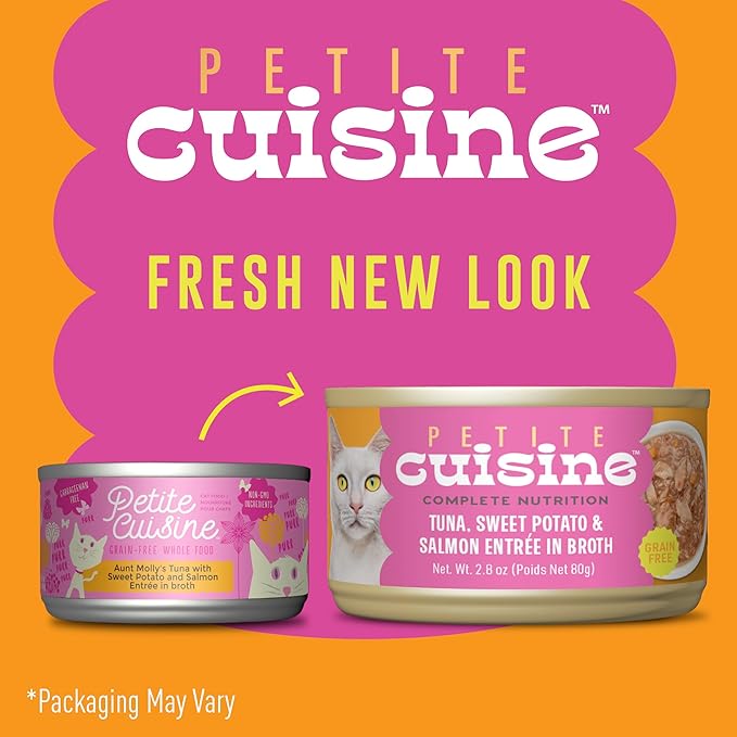 PETITE CUISINE Whole Foods Wet Cat Food, Tuna, Sweet Potato & Salmon Entree in Broth, 2.8 oz. Can (24 Count)