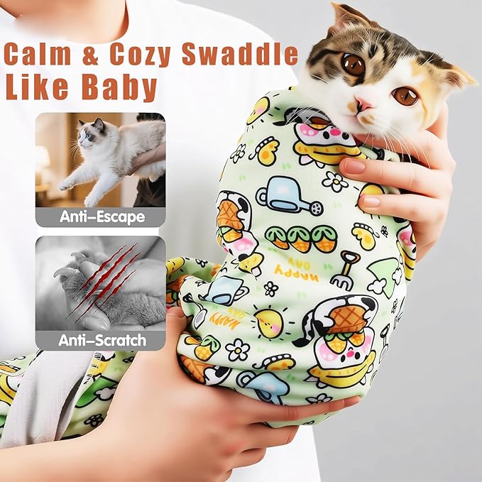 27.6‘’ Cat Grooming Wrap, Self-Adhesive Cat Wrap for Cutting Nails, Calming Cat Burrito Wrap Cat Swaddle Wrap Anti-Scratch Anti-Escape Cat Restraint for Nail Clipping, Medicine, Teeth Brushing
