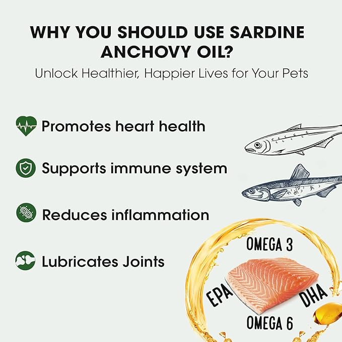 Iceland Pure Sardine Anchovy Oil | Wild Caught | 1597mg of Omega 3 per teaspoon | Unscented Pharmaceutical Grade | For Dogs and Cats | BPA-Free Brushed Aluminum Epoxy coated Bottle with Pump 8.75oz