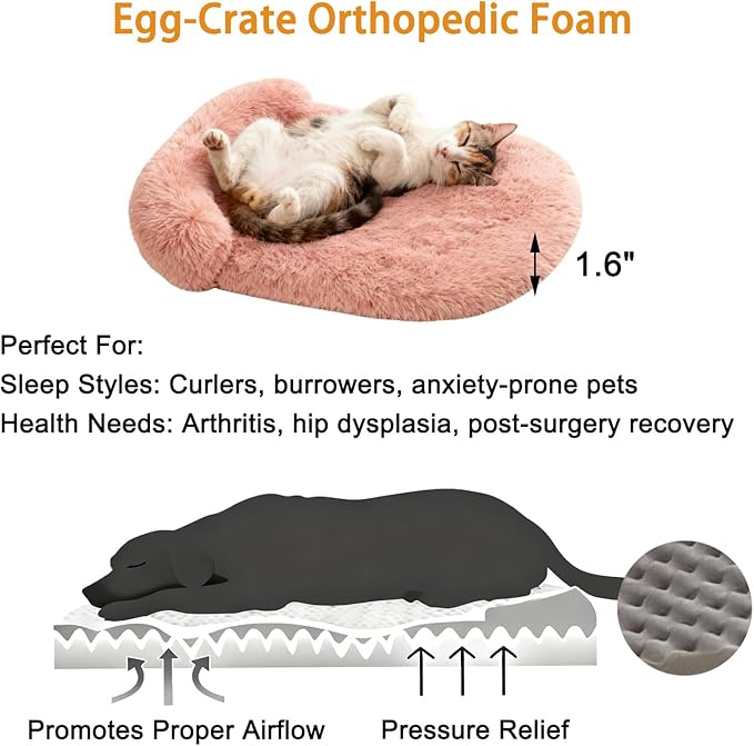 Calming Dog Beds for Medium Large Dogs, Orthopedic Cushion Plush Large Pet Bed Lounge with Washable Cover, Anti-Anxiety Soft Fluffy Faux Fur Fits up to 60 lbs Pets (Oval, Blush 40"x30")