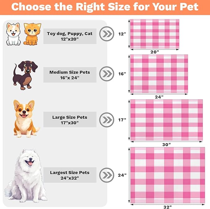 Pink Checkered Dog Food Mat for Floors Absorbent, Quick Dry Water Dispenser Mat for Food, Water, Pet Supplies 17" x 30", Buffalo Plaid
