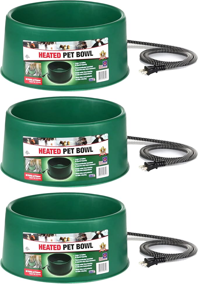 Farm Innovators P-60 1.5 Gallon 60 Watt Heated Pet Water Bowl, Thermostatic Control & Anti Chew Cord, Green (3 Pack)