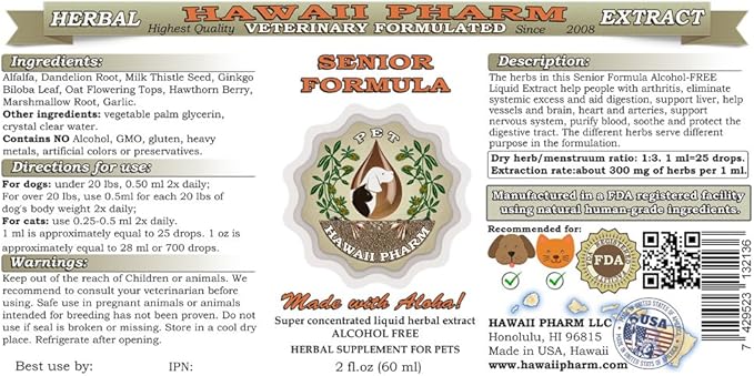 HawaiiPharm Senior Formula, Veterinary Natural Alcohol-Free Liquid Extract, Pet Herbal Supplement 2 oz