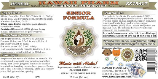 HawaiiPharm Senior Formula, Veterinary Natural Alcohol-Free Liquid Extract, Pet Herbal Supplement 2 oz