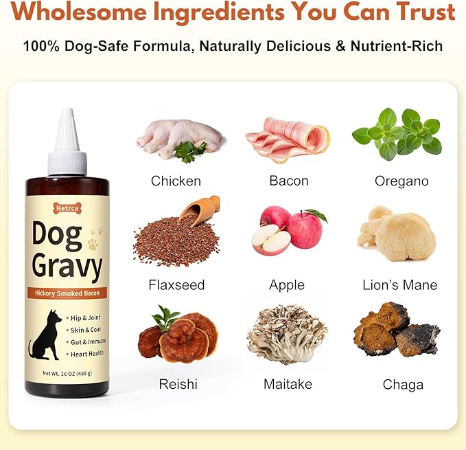 Dog Gravy Topper – Bacon Flavor for Picky Dogs, with Essential Vitamins & Functional Nutrients for Hip & Joint Support, Turn Basic Kibble into a Power-Packed Meal – 16 OZ