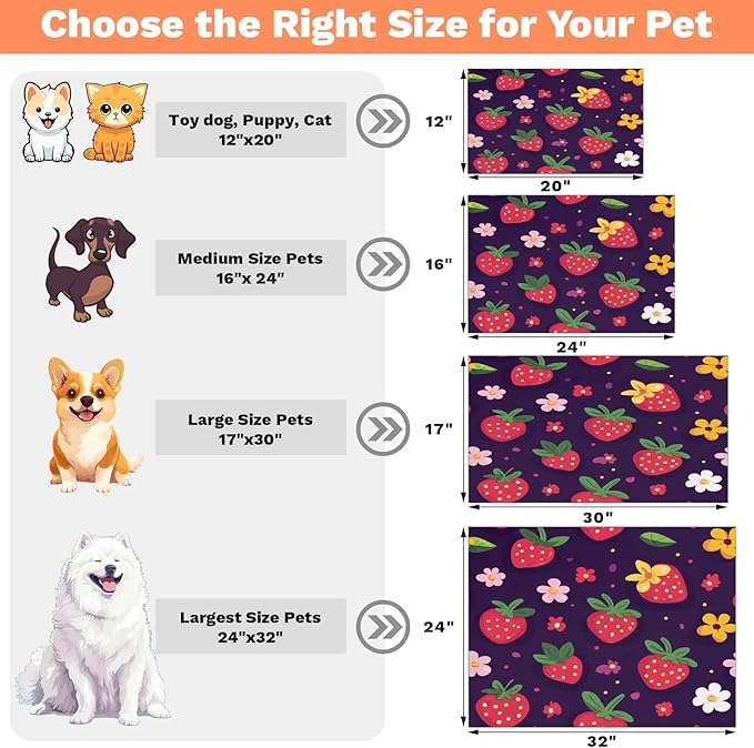 Strawberry Dog Food Mat for Floors Absorbent Dog Bowl Mat for Food and Water Dispenser Quick Dry Cat Food Placemat Pet Supplies 24" x 32", Floral