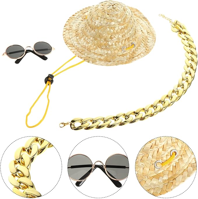 STOBAZA Dog Straw Hat Sunglasses Necklace Set for Puppies Vintage Style Pet Hat Accessories for Small Dogs 3pcs Summer Pet Supply