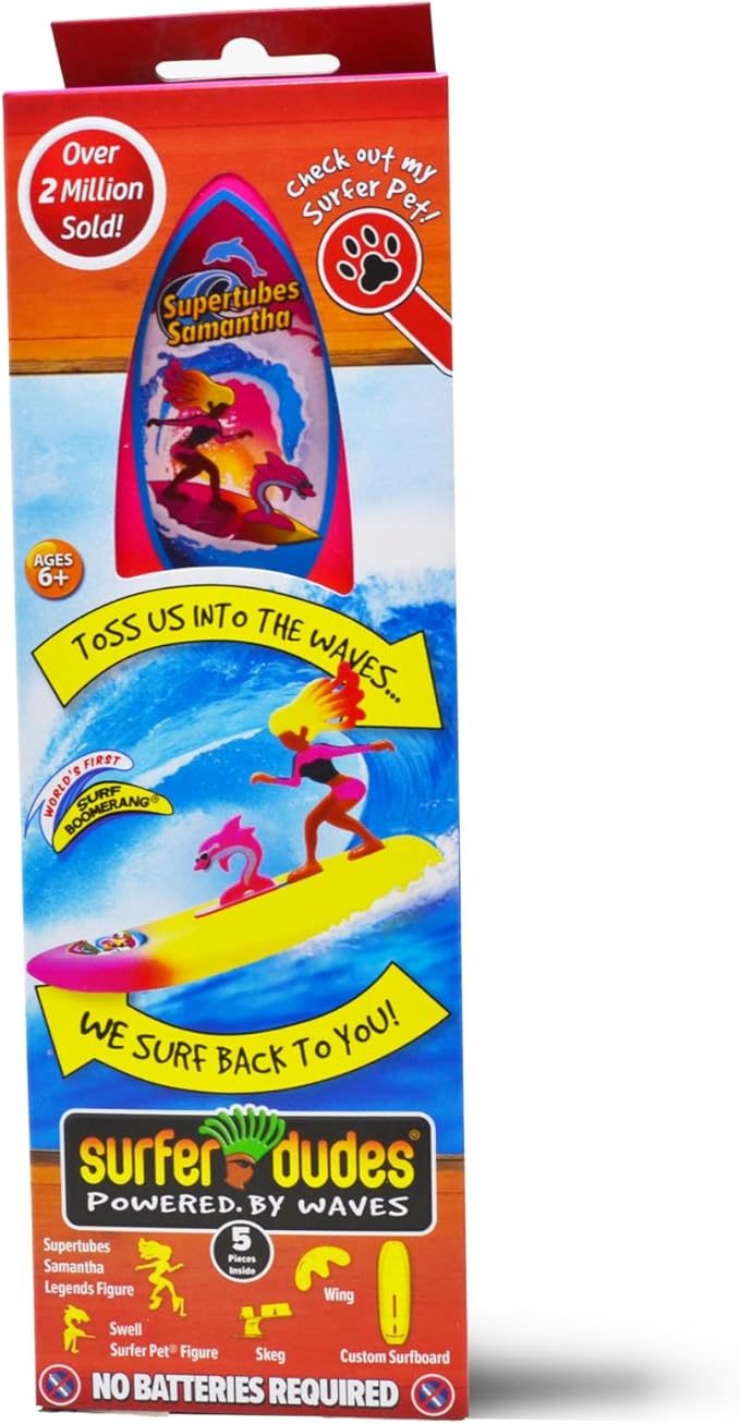 Surfer Dudes Legends & Surfer Pets Wave Powered Mini-Surfer, Pet and Surfboard Beach Toy - Supertubes Samantha and Swell