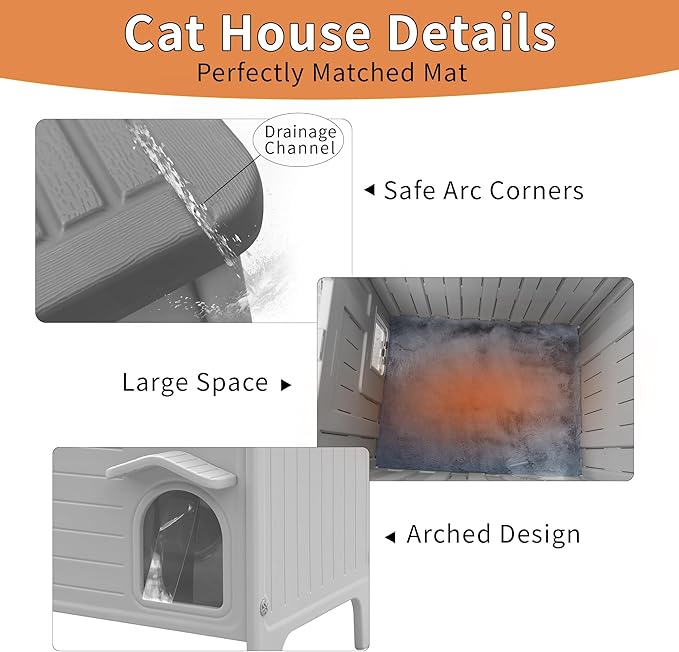 Rockever Waterproof Cat House for Outdoor Cats, Insulated Outdoor Cat House with Soft Mat, Elevated Feral Cat House Outdoor Indoor, Safe Escape Door, Spacious and Clean Easily(L,Grey with Mat)
